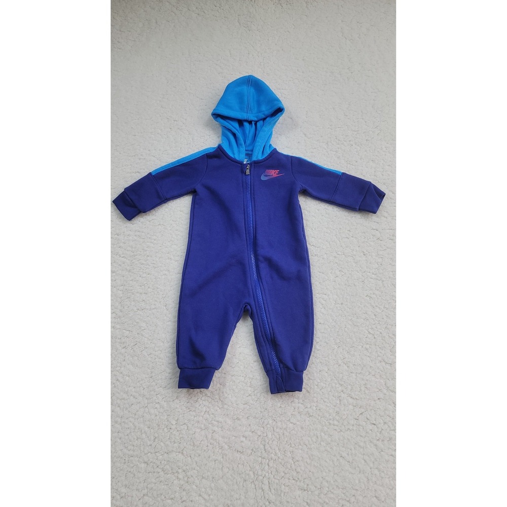 Nike Hooded Romper Baby 6M Blue Full Zip Fleece Jumpsuit Sporty Logo